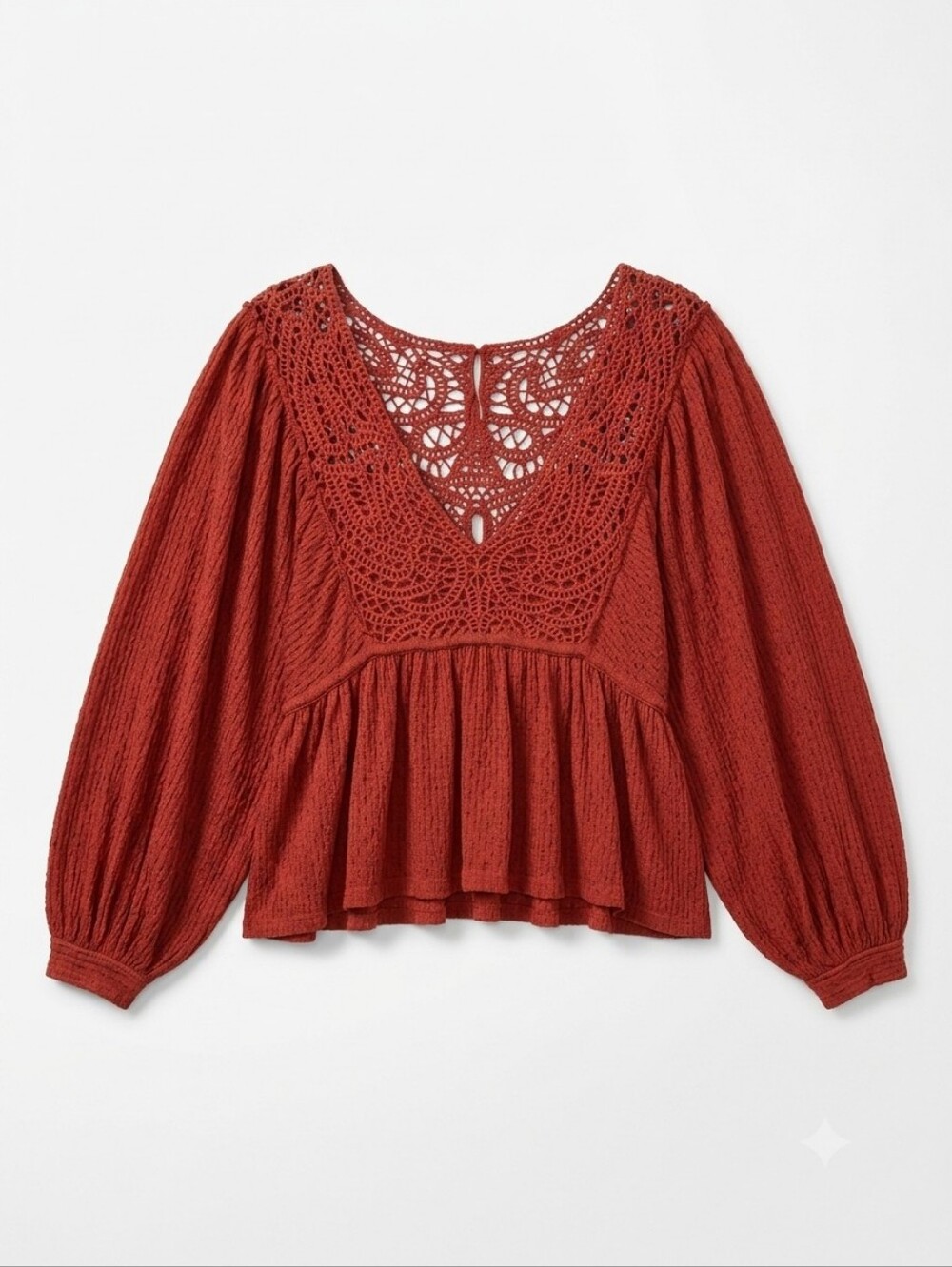 Free People Lace Crochet V-Neck Blouse Sz Large Red